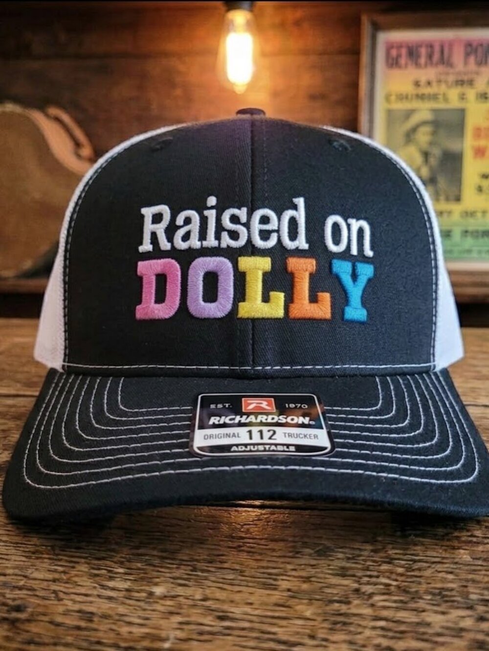 Raised On Dolly Embroidered Black White Richardson 112 Trucker Hat Cap Country